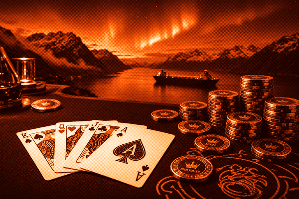 A ship on a Norwegian fjord at dusk under a wide sky, echoing the journey from shipping fortunes to high-stakes poker.