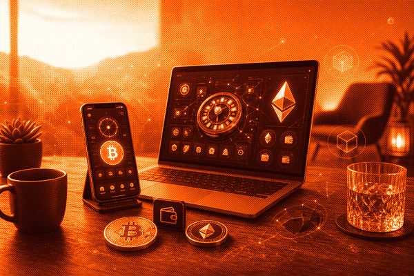 How to play at crypto casinos complete guide with Billionairegambler.co.uk orange signature filter applied to laptop and phone showing Bitcoin Ethereum casino interface