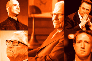 image collage of jeff bezos, bill gates, warren buffet, elon musk and mark zukerberg billionairegambler color scheme orange effect overlay