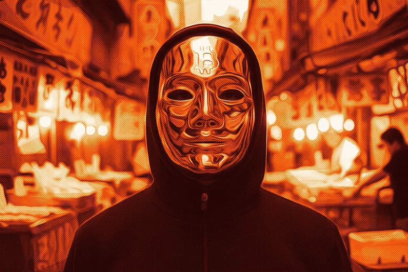 Mysterious figure with golden Bitcoin mask
