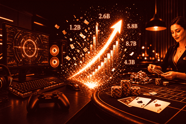 Explosive growth chart merging gaming setup and casino table with rising golden bars and floating coins, symbolising the billion-dollar expansion of video games and iGaming