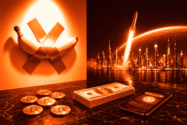 A banana taped to a gallery wall beside Bitcoin coins, a cash stack, a phone showing an AI chat, a rocket leaving Earth, and a glowing city on the water.