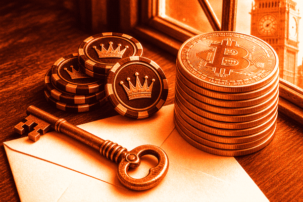 Gold Bitcoin coins stacked beside crown-stamped poker chips, a brass key and an envelope, with Big Ben visible through the window.