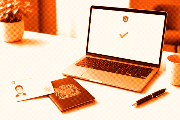Image showing a UK driving licence and passport on a desk next to a laptop displaying a secure casino login screen. The image has an orange overlay filter in BillionaireGambler.co.uk signature render.