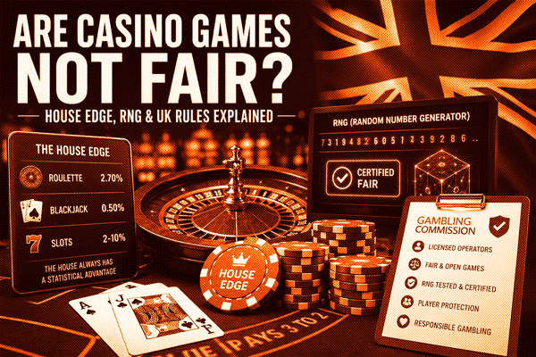 AI-created casino fairness illustration rendered in-house by BillionaireGambler.co.uk, using the site’s signature orange-toned visual filter, showing roulette, casino chips, house edge percentages, RNG certification and UK gambling rules.