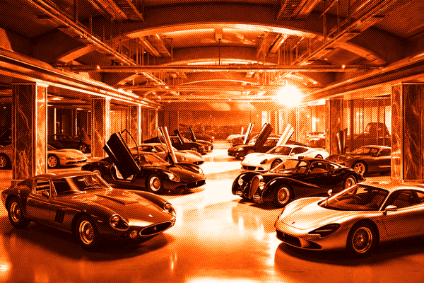 multiple million dollar cars parked in a showroom like garage