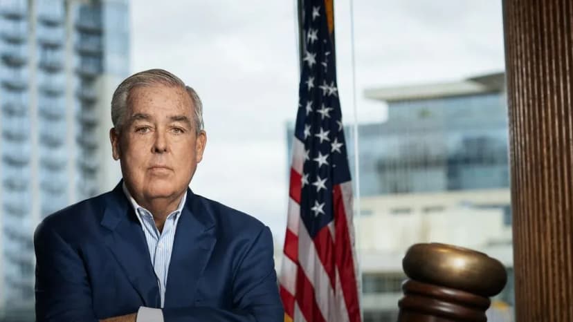 billionaire john morgan next to American flag and backdrop with buildings
