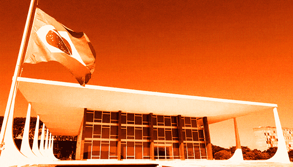 Supreme Federal Court of Brazil (STF) building in Brasília with the Brazilian national flag waving, shown in a stylized orange monochrome filter typical of BillionaireGambler.co.uk website