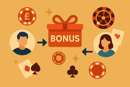 casino referral rewards featuring typical casino symbols and two faceless icons of a man and a woman