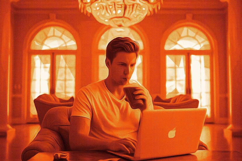 entrepreneur works on laptop and sips smoothie