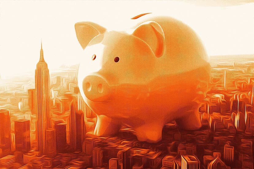 huge piggy bank towering over a city with skyscrapers
