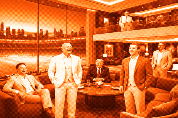Billionaires in a luxury stadium owners box at dusk, with Jeff Bezos standing centre and a floodlit football pitch behind them.